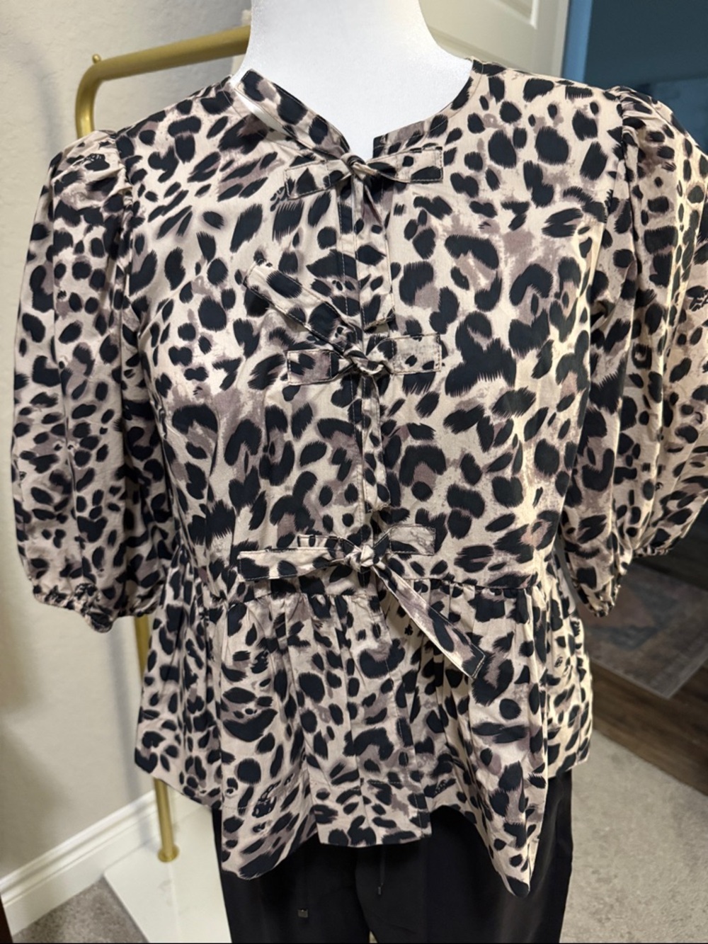 Leopard Print Tie-Front Blouse - Taupe/Black